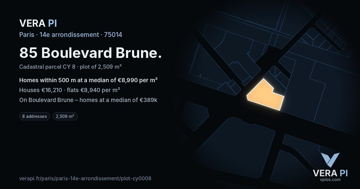 85 Boulevard Brune, 14e arrondissement at night – the plot lit, the parcels around coloured by the prices near them
