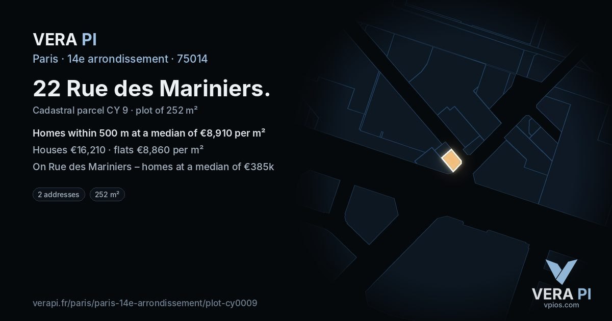 22 Rue des Mariniers, 14e arrondissement at night – the plot lit, the parcels around coloured by the prices near them