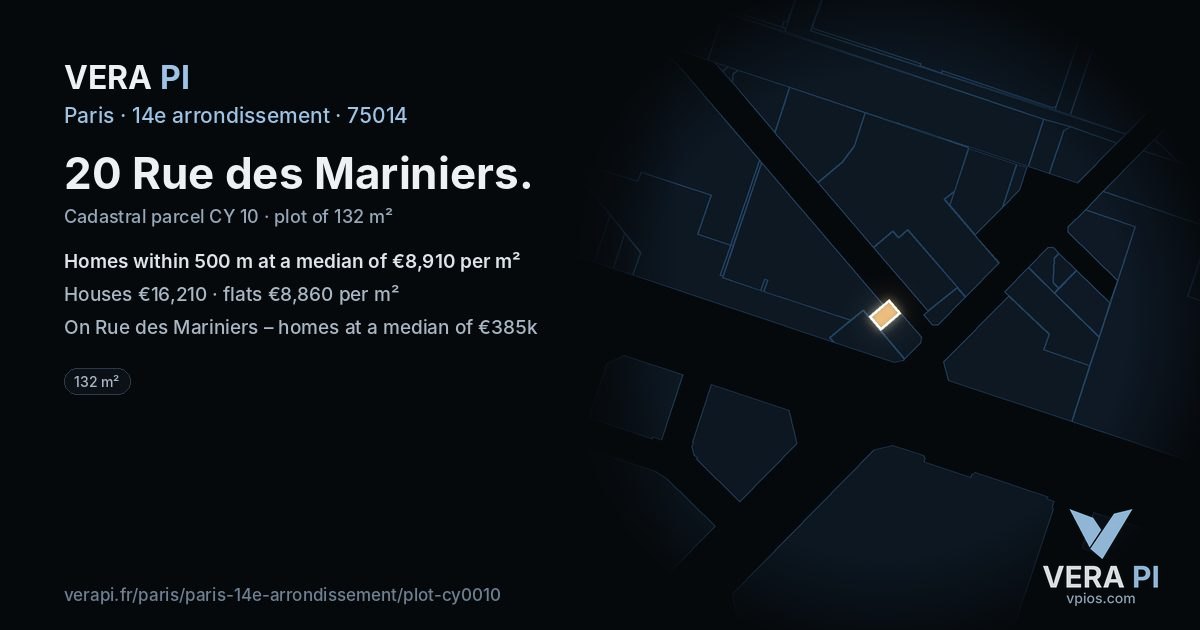20 Rue des Mariniers, 14e arrondissement at night – the plot lit, the parcels around coloured by the prices near them