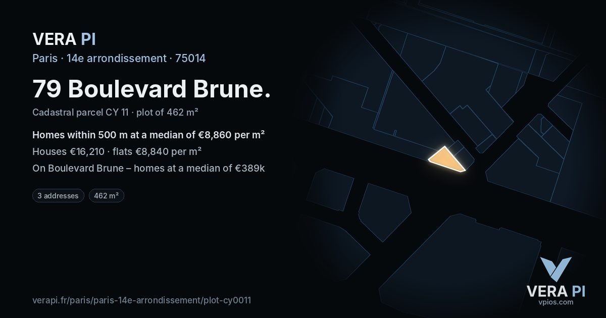 79 Boulevard Brune, 14e arrondissement at night – the plot lit, the parcels around coloured by the prices near them