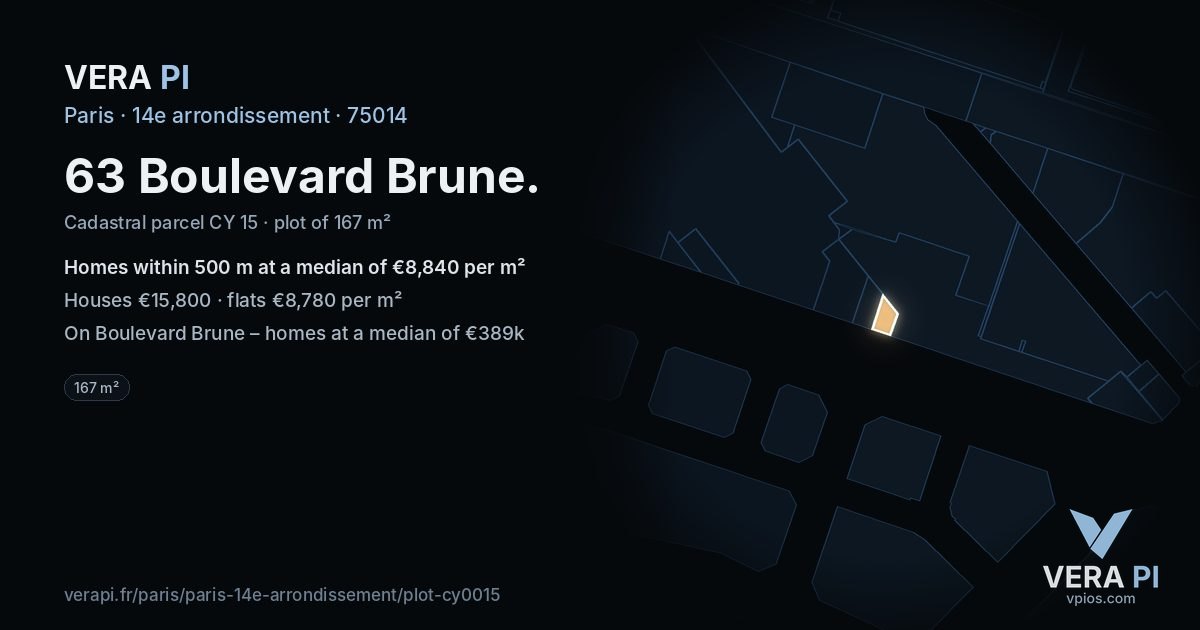 63 Boulevard Brune, 14e arrondissement at night – the plot lit, the parcels around coloured by the prices near them