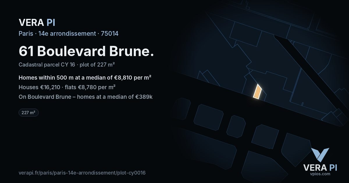 61 Boulevard Brune, 14e arrondissement at night – the plot lit, the parcels around coloured by the prices near them
