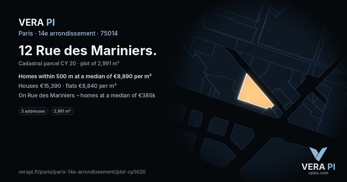 12 Rue des Mariniers, 14e arrondissement at night – the plot lit, the parcels around coloured by the prices near them