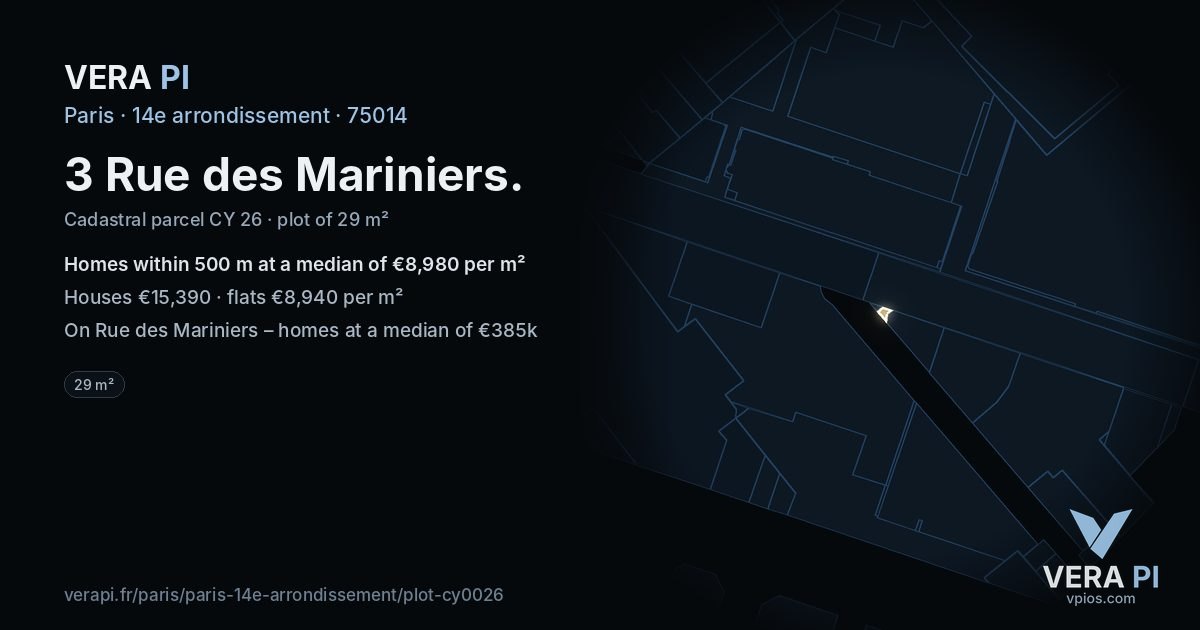 3 Rue des Mariniers, 14e arrondissement at night – the plot lit, the parcels around coloured by the prices near them