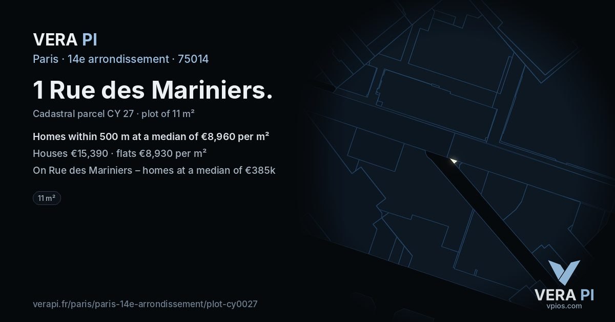 1 Rue des Mariniers, 14e arrondissement at night – the plot lit, the parcels around coloured by the prices near them