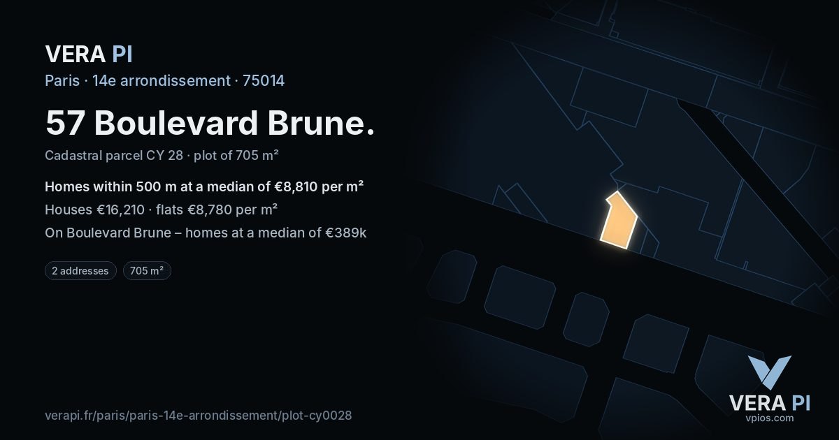 57 Boulevard Brune, 14e arrondissement at night – the plot lit, the parcels around coloured by the prices near them