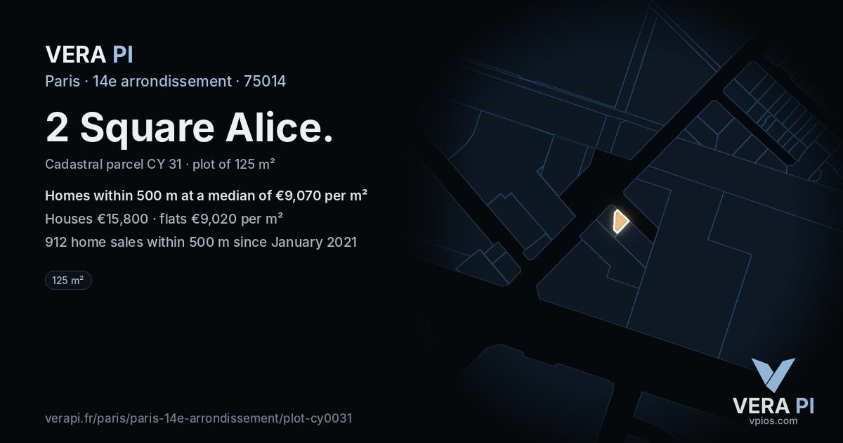 2 Square Alice, 14e arrondissement at night – the plot lit, the parcels around coloured by the prices near them