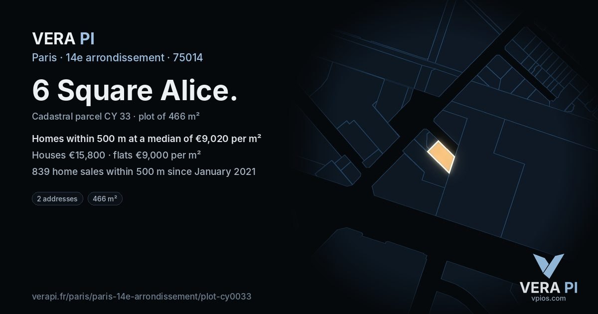 6 Square Alice, 14e arrondissement at night – the plot lit, the parcels around coloured by the prices near them