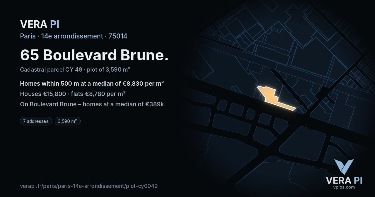 65 Boulevard Brune, 14e arrondissement at night – the plot lit, the parcels around coloured by the prices near them