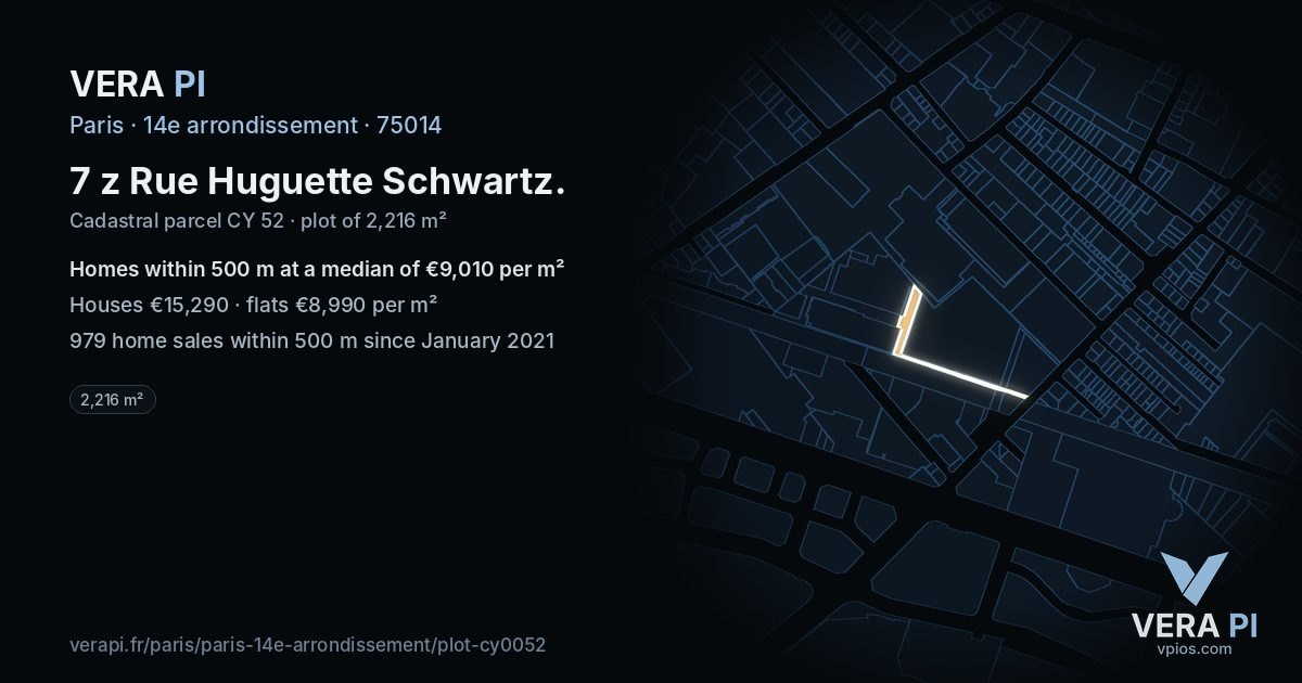 7 z Rue Huguette Schwartz, 14e arrondissement at night – the plot lit, the parcels around coloured by the prices near them