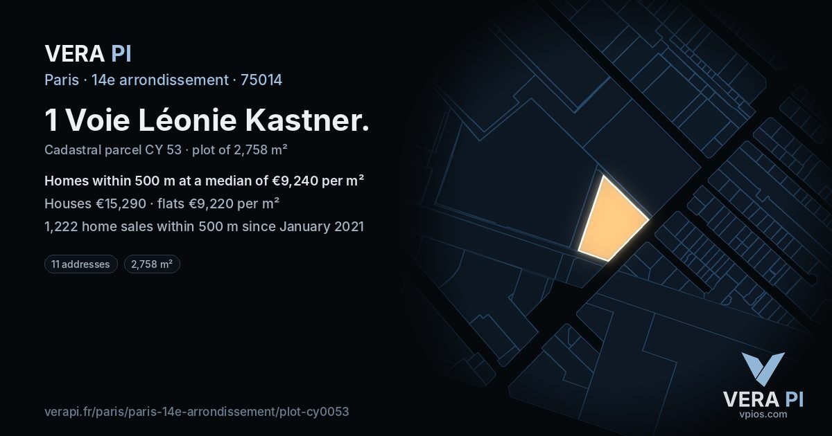 1 Voie Léonie Kastner, 14e arrondissement at night – the plot lit, the parcels around coloured by the prices near them