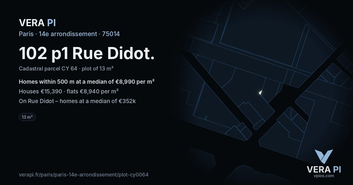 102 p1 Rue Didot, 14e arrondissement at night – the plot lit, the parcels around coloured by the prices near them