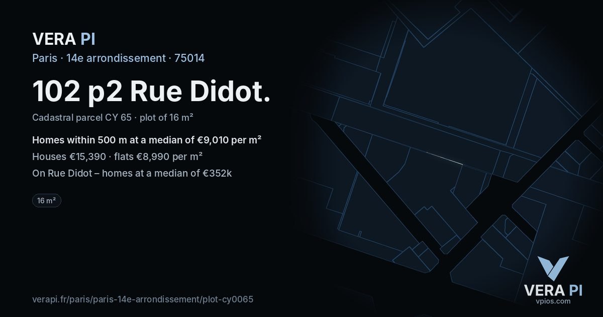 102 p2 Rue Didot, 14e arrondissement at night – the plot lit, the parcels around coloured by the prices near them