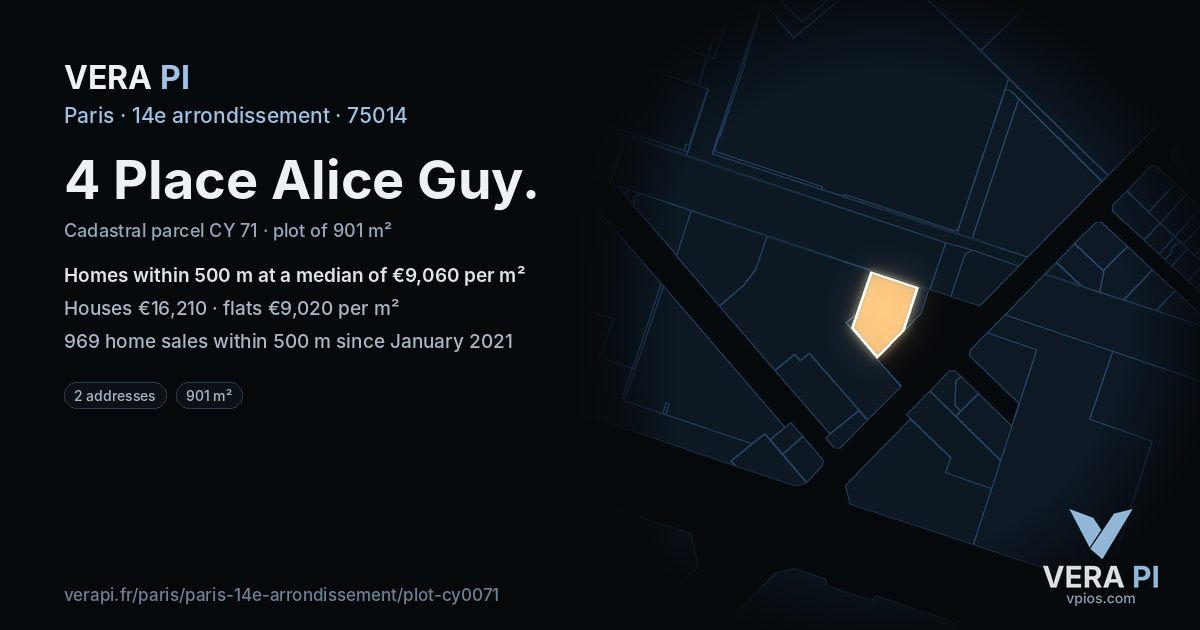 4 Place Alice Guy, 14e arrondissement at night – the plot lit, the parcels around coloured by the prices near them