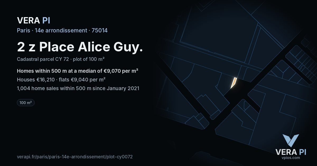 2 z Place Alice Guy, 14e arrondissement at night – the plot lit, the parcels around coloured by the prices near them