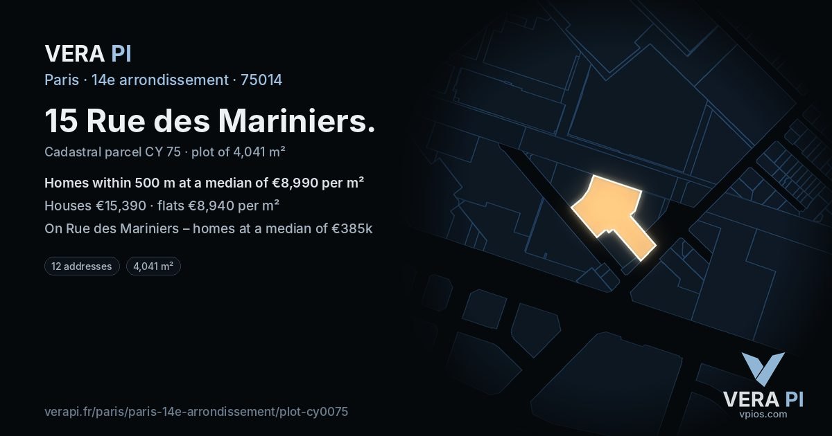 15 Rue des Mariniers, 14e arrondissement at night – the plot lit, the parcels around coloured by the prices near them