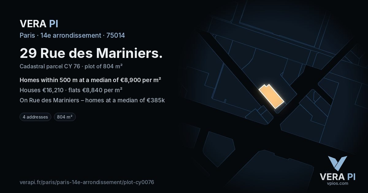 29 Rue des Mariniers, 14e arrondissement at night – the plot lit, the parcels around coloured by the prices near them