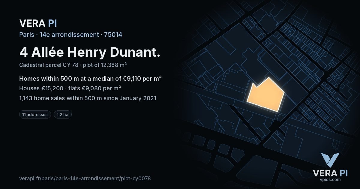4 Allée Henry Dunant, 14e arrondissement at night – the plot lit, the parcels around coloured by the prices near them