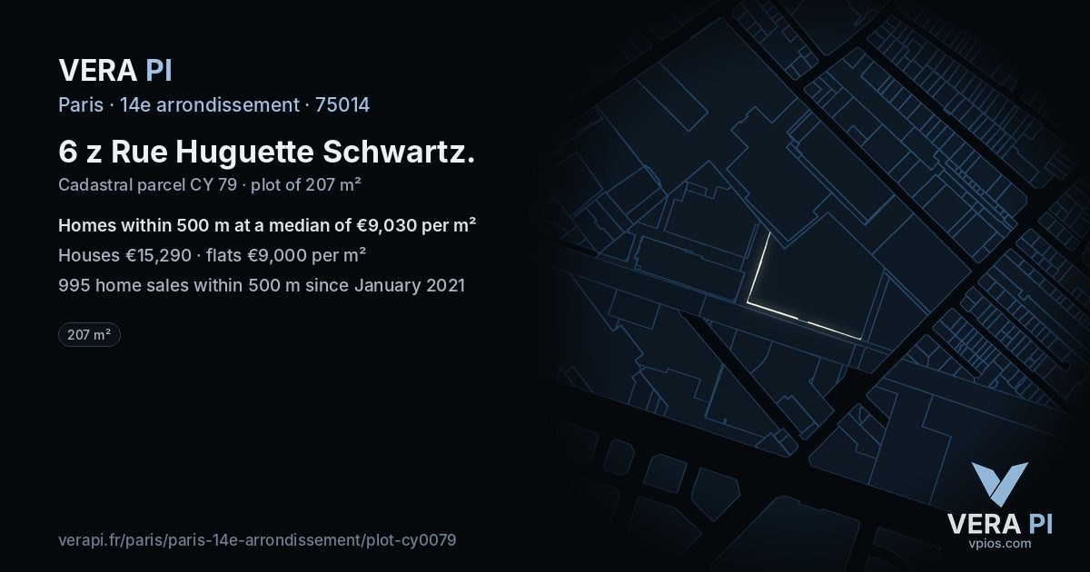 6 z Rue Huguette Schwartz, 14e arrondissement at night – the plot lit, the parcels around coloured by the prices near them