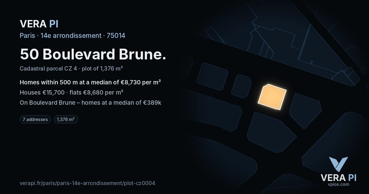 50 Boulevard Brune, 14e arrondissement at night – the plot lit, the parcels around coloured by the prices near them