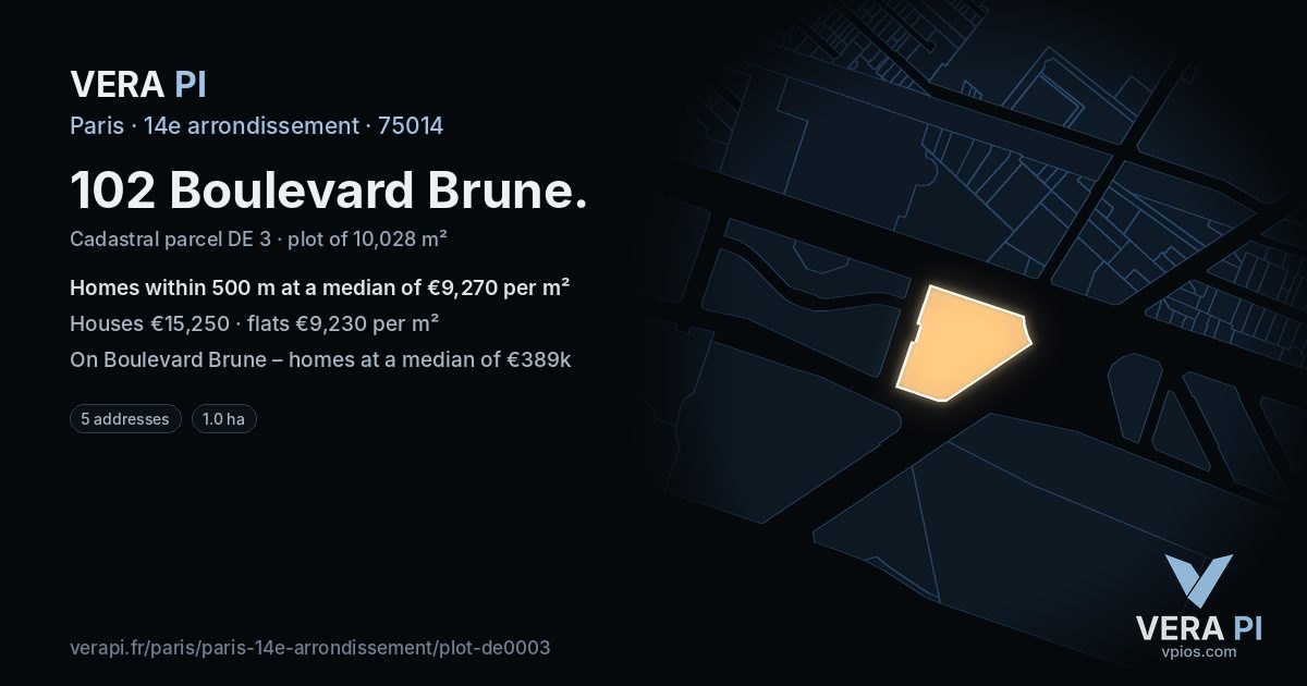 102 Boulevard Brune, 14e arrondissement at night – the plot lit, the parcels around coloured by the prices near them
