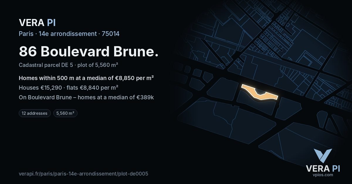 86 Boulevard Brune, 14e arrondissement at night – the plot lit, the parcels around coloured by the prices near them