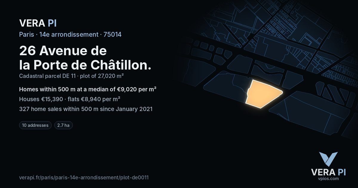 26 Avenue de la Porte de Châtillon, 14e arrondissement at night – the plot lit, the parcels around coloured by the prices near them
