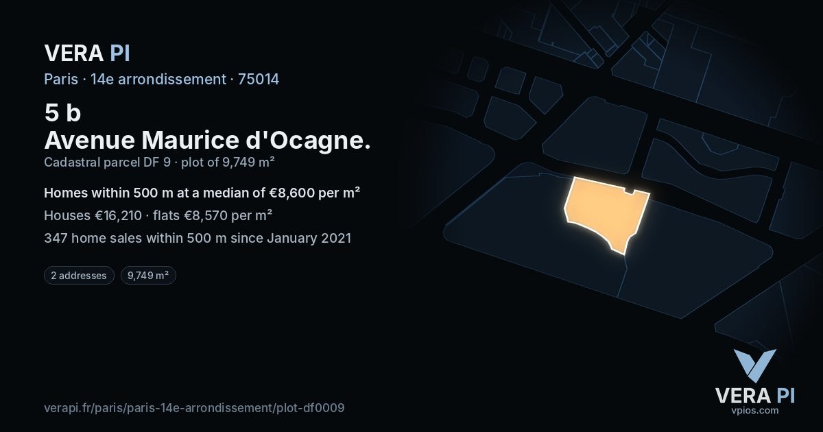 5 b Avenue Maurice d'Ocagne, 14e arrondissement at night – the plot lit, the parcels around coloured by the prices near them