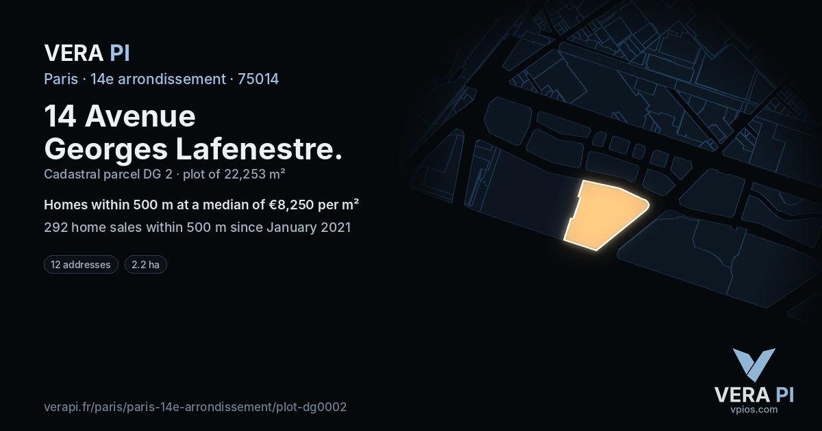 14 Avenue Georges Lafenestre, 14e arrondissement at night – the plot lit, the parcels around coloured by the prices near them