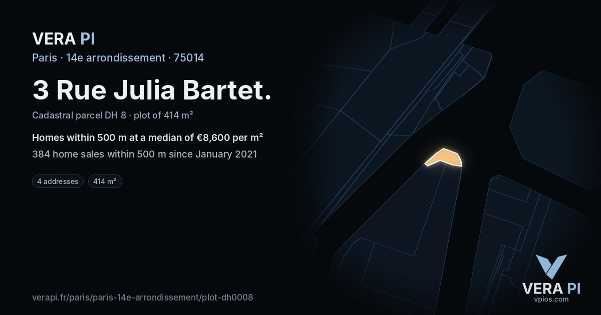 3 Rue Julia Bartet, 14e arrondissement at night – the plot lit, the parcels around coloured by the prices near them