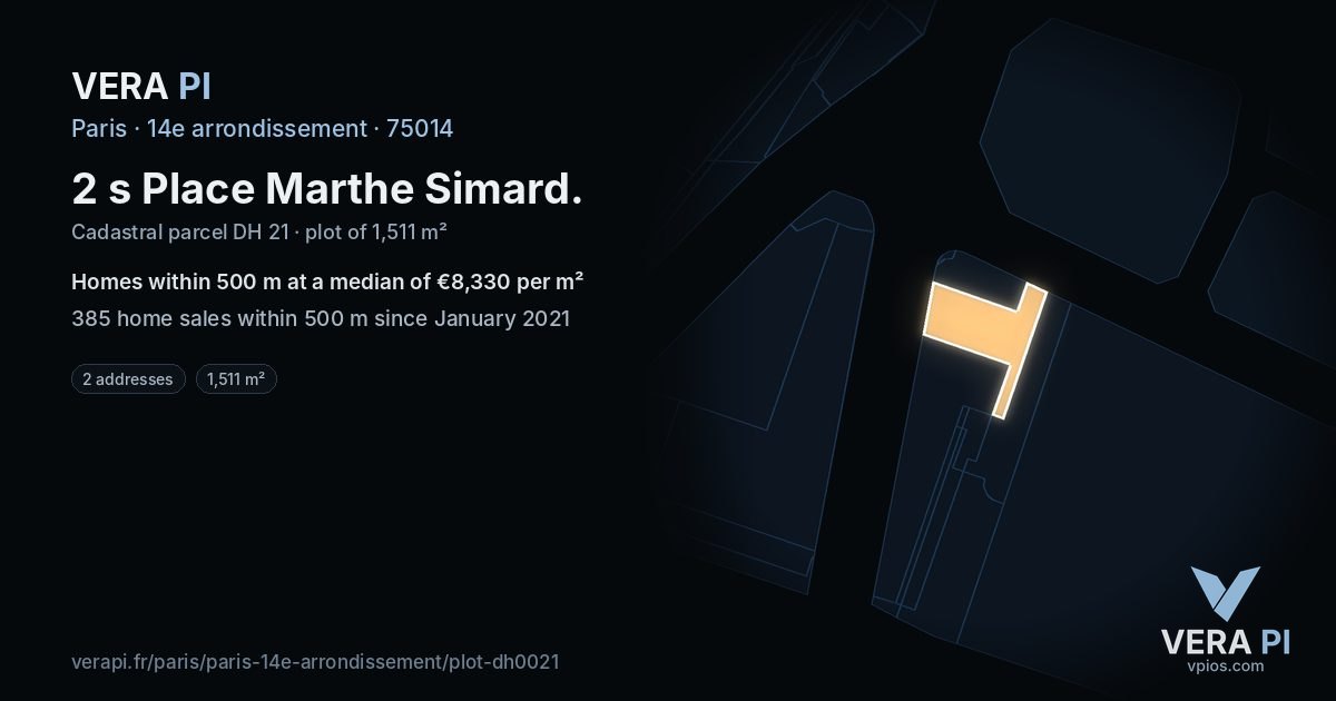 2 s Place Marthe Simard, 14e arrondissement at night – the plot lit, the parcels around coloured by the prices near them