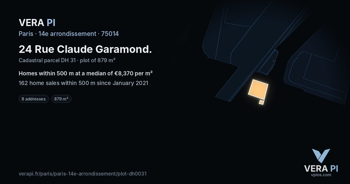 24 Rue Claude Garamond, 14e arrondissement at night – the plot lit, the parcels around coloured by the prices near them