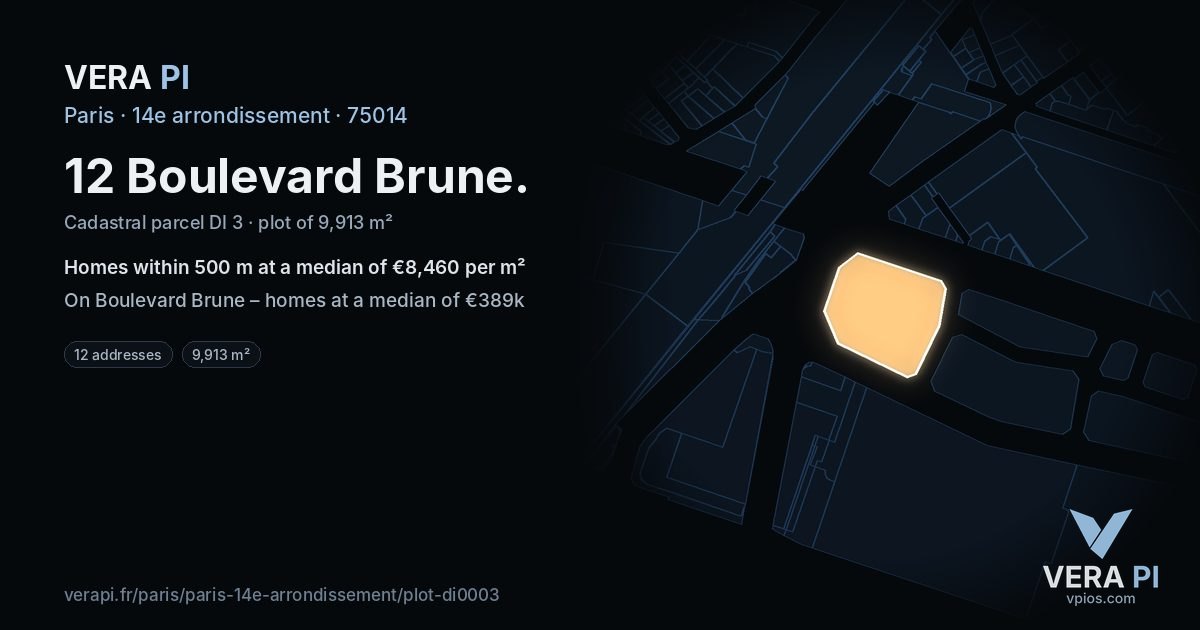 12 Boulevard Brune, 14e arrondissement at night – the plot lit, the parcels around coloured by the prices near them
