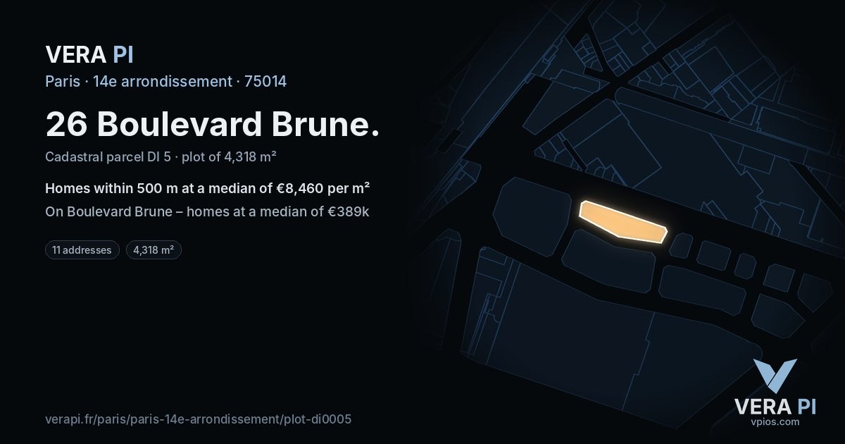 26 Boulevard Brune, 14e arrondissement at night – the plot lit, the parcels around coloured by the prices near them