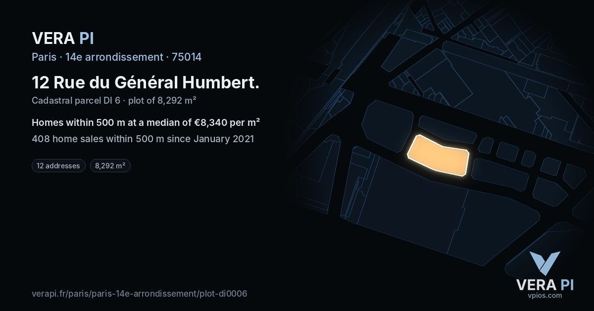 12 Rue du Général Humbert, 14e arrondissement at night – the plot lit, the parcels around coloured by the prices near them