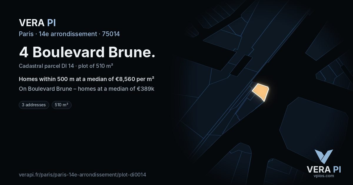 4 Boulevard Brune, 14e arrondissement at night – the plot lit, the parcels around coloured by the prices near them