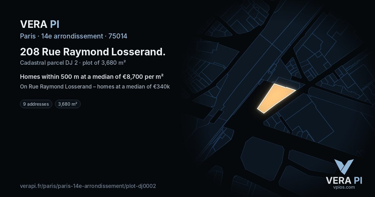 208 Rue Raymond Losserand, 14e arrondissement at night – the plot lit, the parcels around coloured by the prices near them