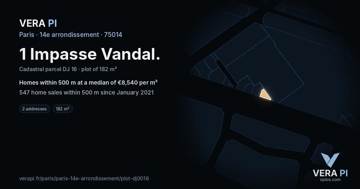 1 Impasse Vandal, 14e arrondissement at night – the plot lit, the parcels around coloured by the prices near them