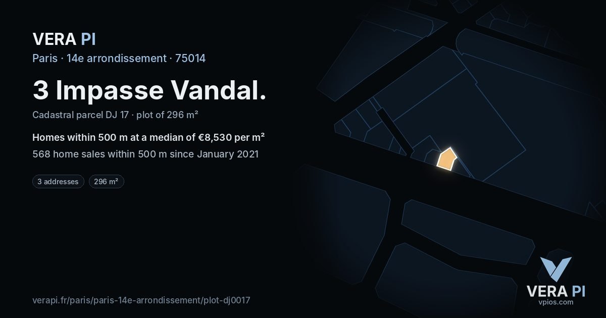 3 Impasse Vandal, 14e arrondissement at night – the plot lit, the parcels around coloured by the prices near them