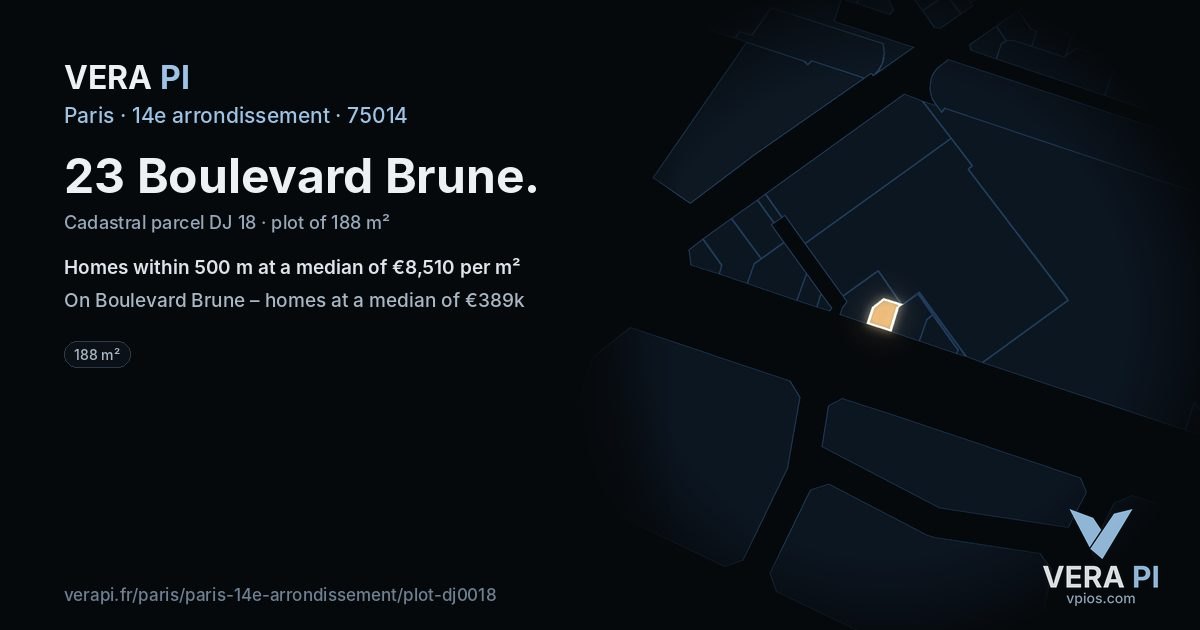23 Boulevard Brune, 14e arrondissement at night – the plot lit, the parcels around coloured by the prices near them