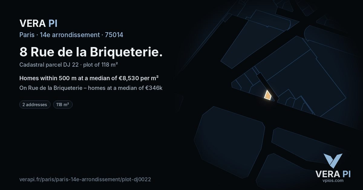 8 Rue de la Briqueterie, 14e arrondissement at night – the plot lit, the parcels around coloured by the prices near them
