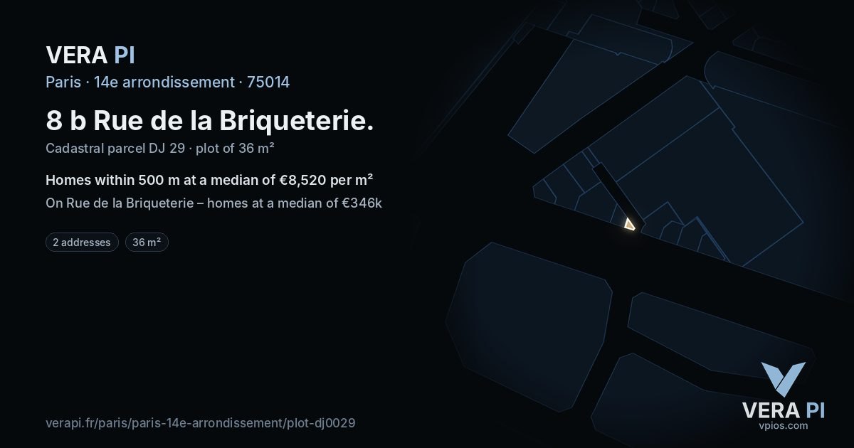 8 b Rue de la Briqueterie, 14e arrondissement at night – the plot lit, the parcels around coloured by the prices near them