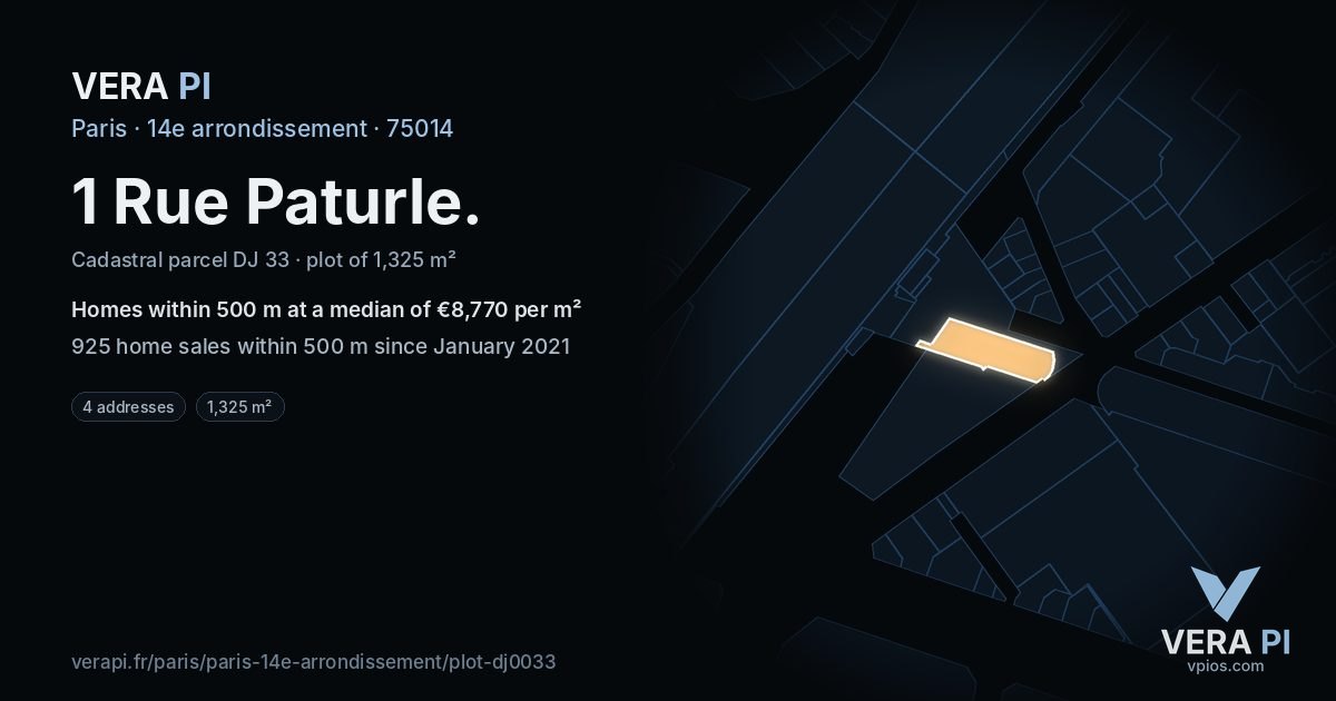 1 Rue Paturle, 14e arrondissement at night – the plot lit, the parcels around coloured by the prices near them