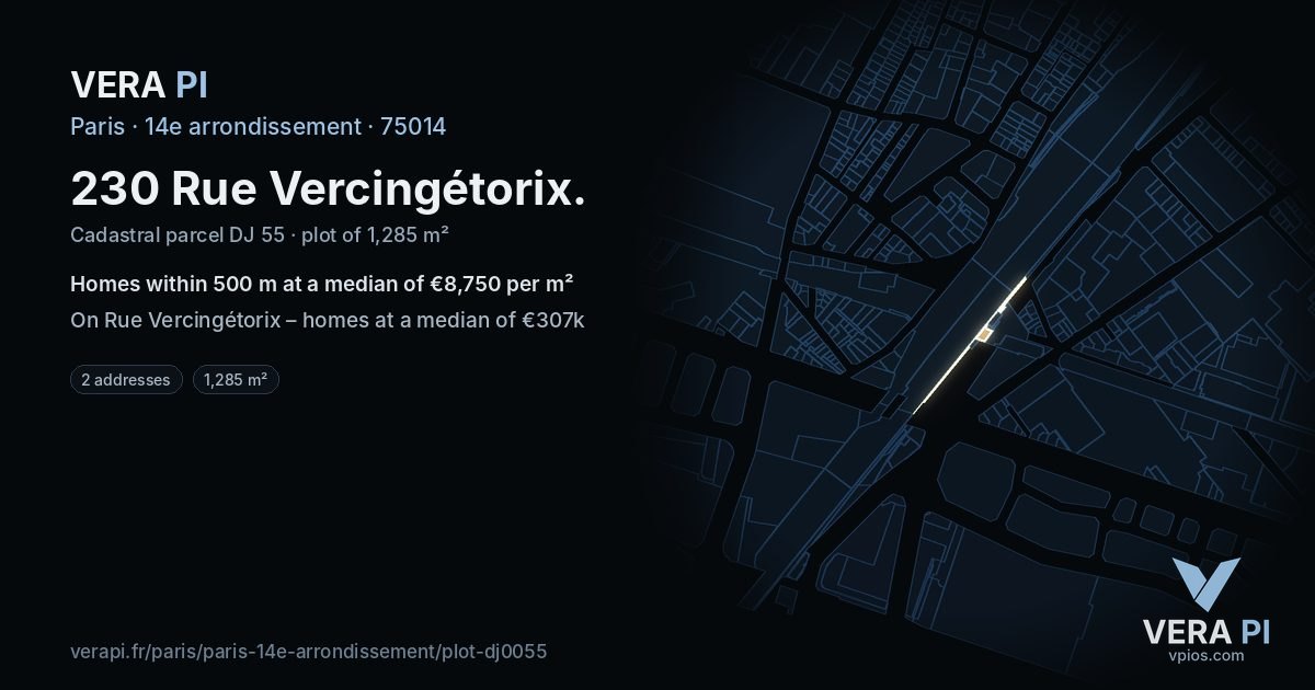 230 Rue Vercingétorix, 14e arrondissement at night – the plot lit, the parcels around coloured by the prices near them