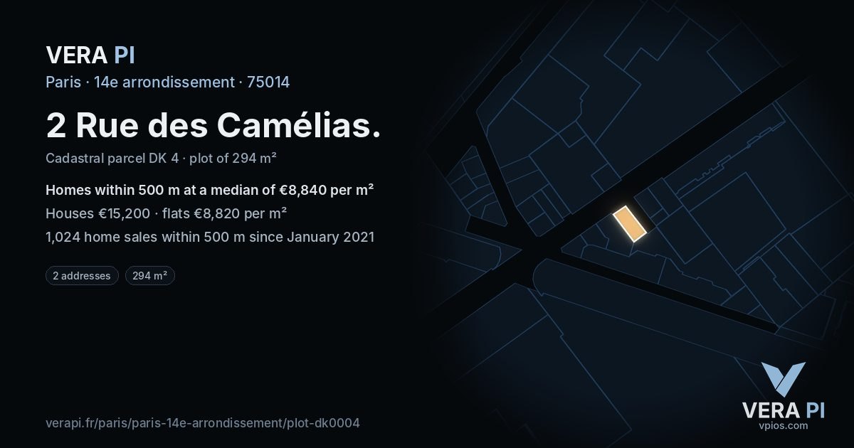 2 Rue des Camélias, 14e arrondissement at night – the plot lit, the parcels around coloured by the prices near them