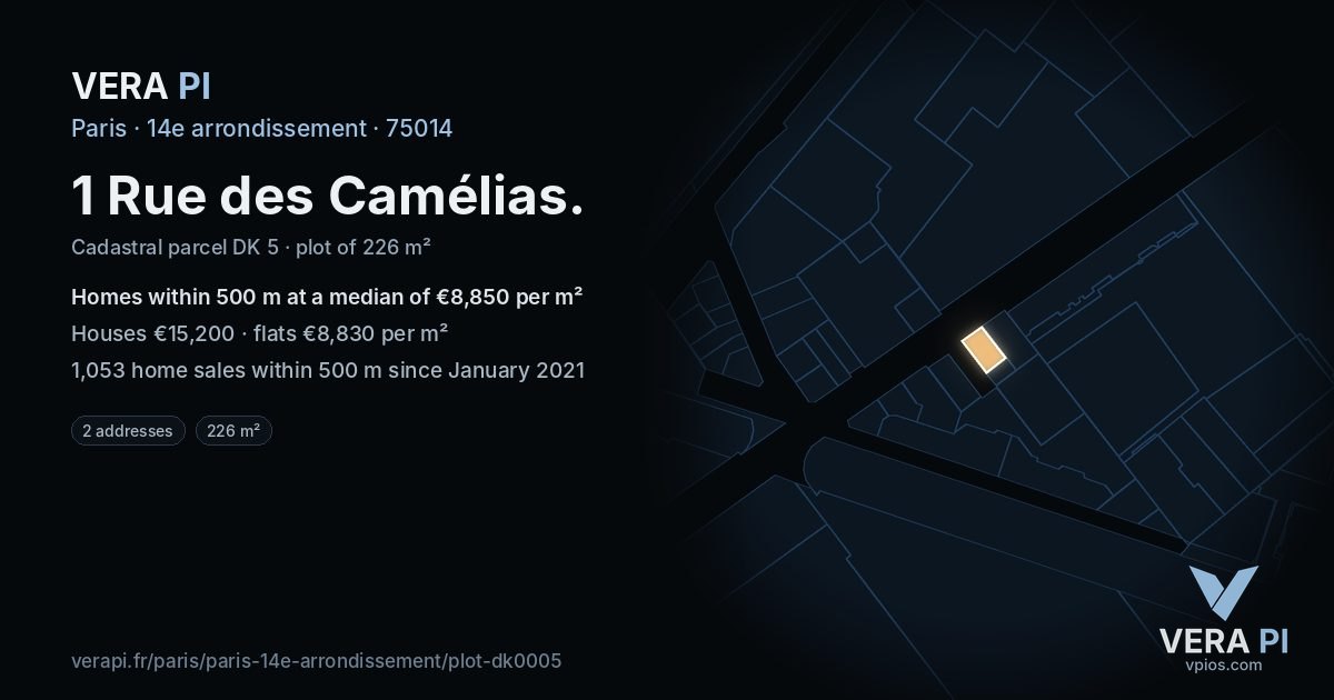 1 Rue des Camélias, 14e arrondissement at night – the plot lit, the parcels around coloured by the prices near them