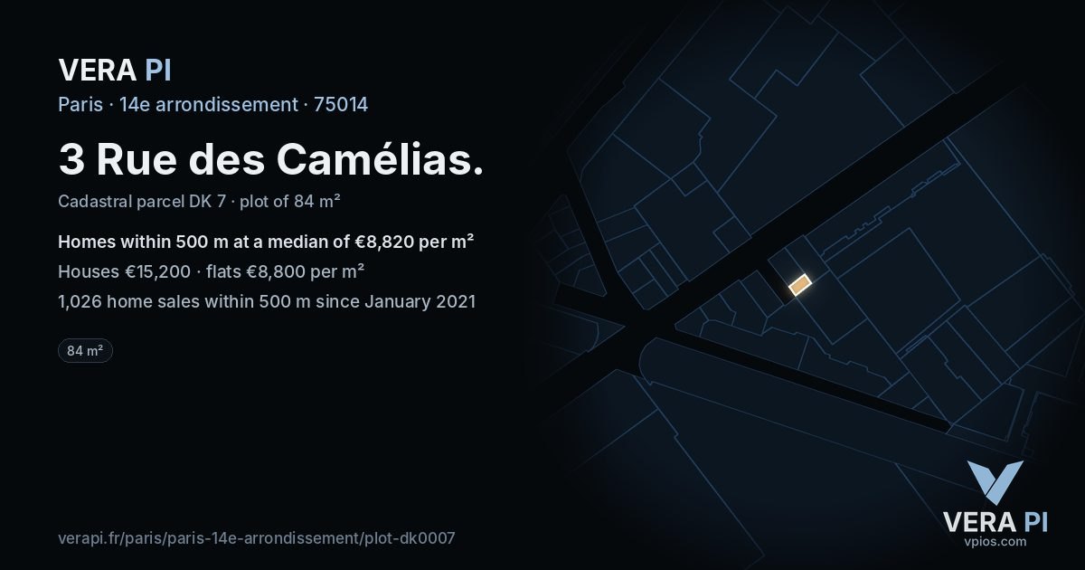 3 Rue des Camélias, 14e arrondissement at night – the plot lit, the parcels around coloured by the prices near them