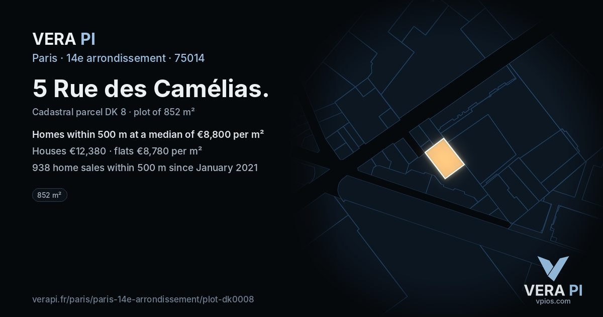 5 Rue des Camélias, 14e arrondissement at night – the plot lit, the parcels around coloured by the prices near them