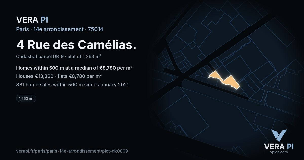 4 Rue des Camélias, 14e arrondissement at night – the plot lit, the parcels around coloured by the prices near them