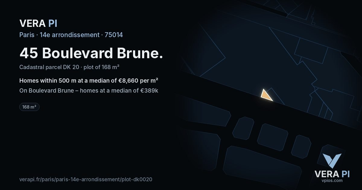 45 Boulevard Brune, 14e arrondissement at night – the plot lit, the parcels around coloured by the prices near them